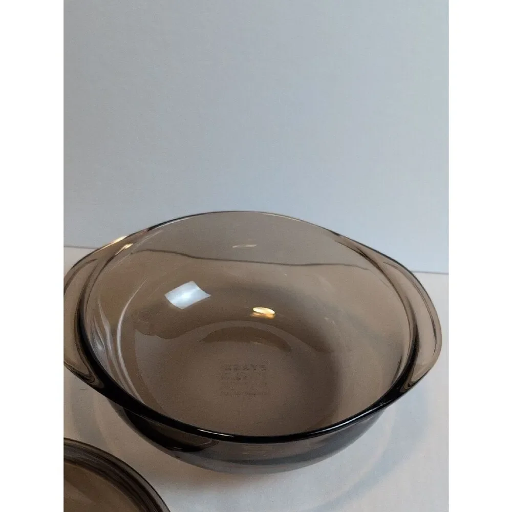 Vintage Pyrex Visions Amber Glass Covered Casserole with Woven Basket Carrier